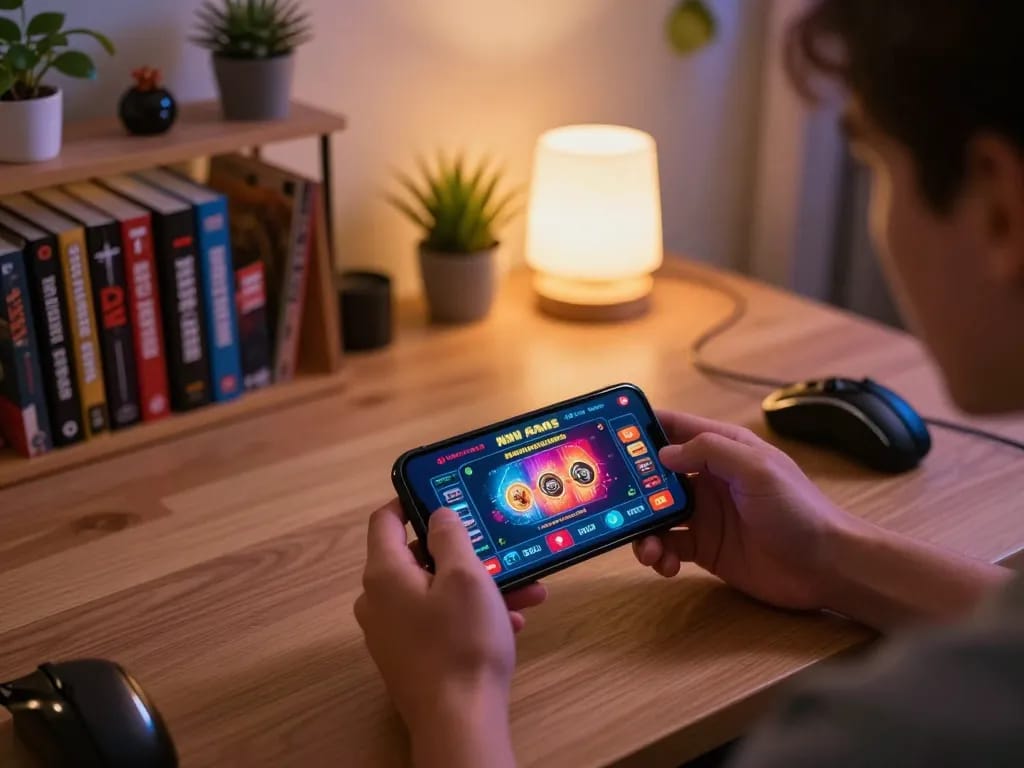 Engaging in casino non aams gameplay on smartphone in a cozy home setup, displaying vibrant app interface.