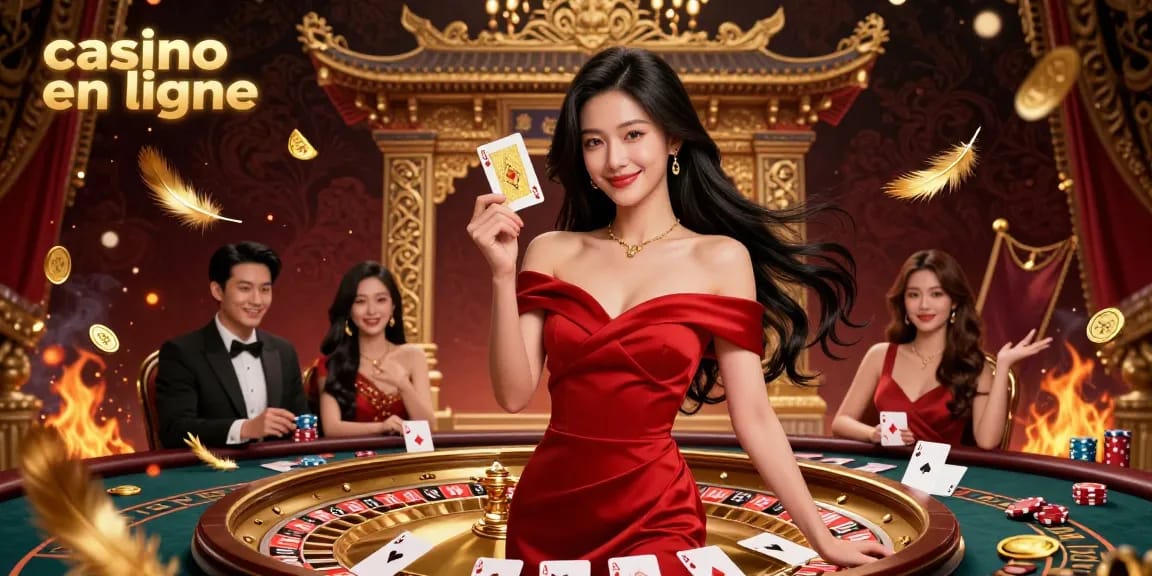 Scène de jeu engageante avec "casino en ligne" mettant en avant une belle femme à côté d'une roulette.