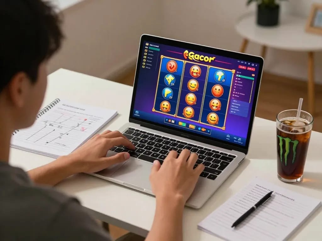 Playing slot gacor thailand on a high-definition laptop in a cozy home office with strategy notes.