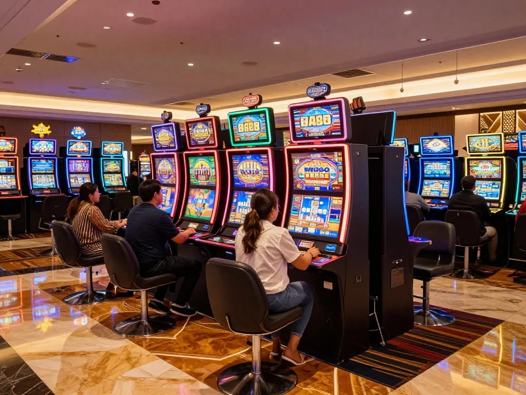 Players enjoying the vibrant slot machines at AE 888 casino, showcasing lively gaming action and excitement.