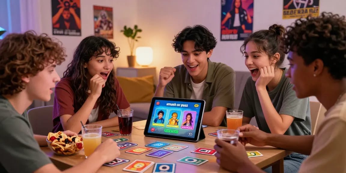 Friends enjoying a "smash or pass" game with AI-generated images in a vibrant home setting.
