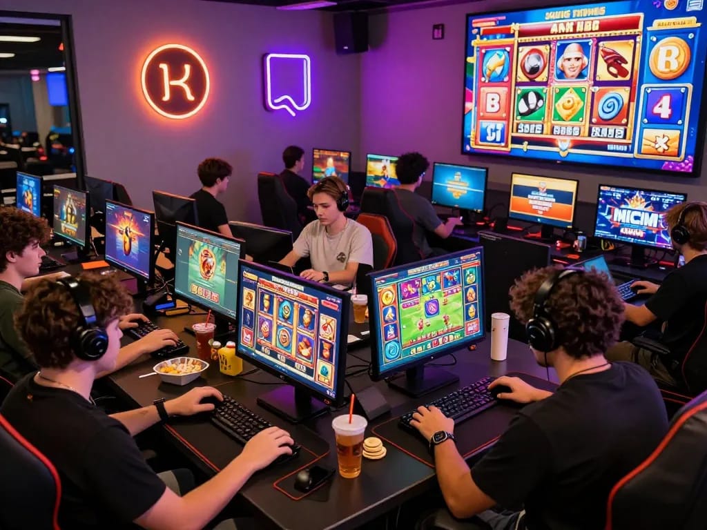 Players enjoying Zeus138 slot games in a vibrant gaming lounge