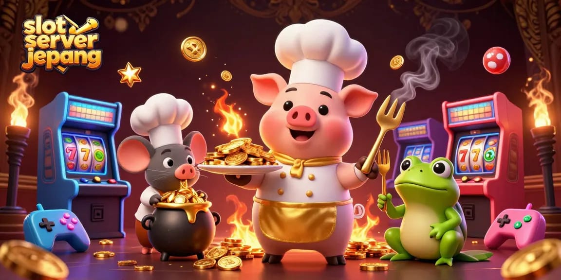 Spin to win at slot server jepang with gold coins served by a gourmet chef character.