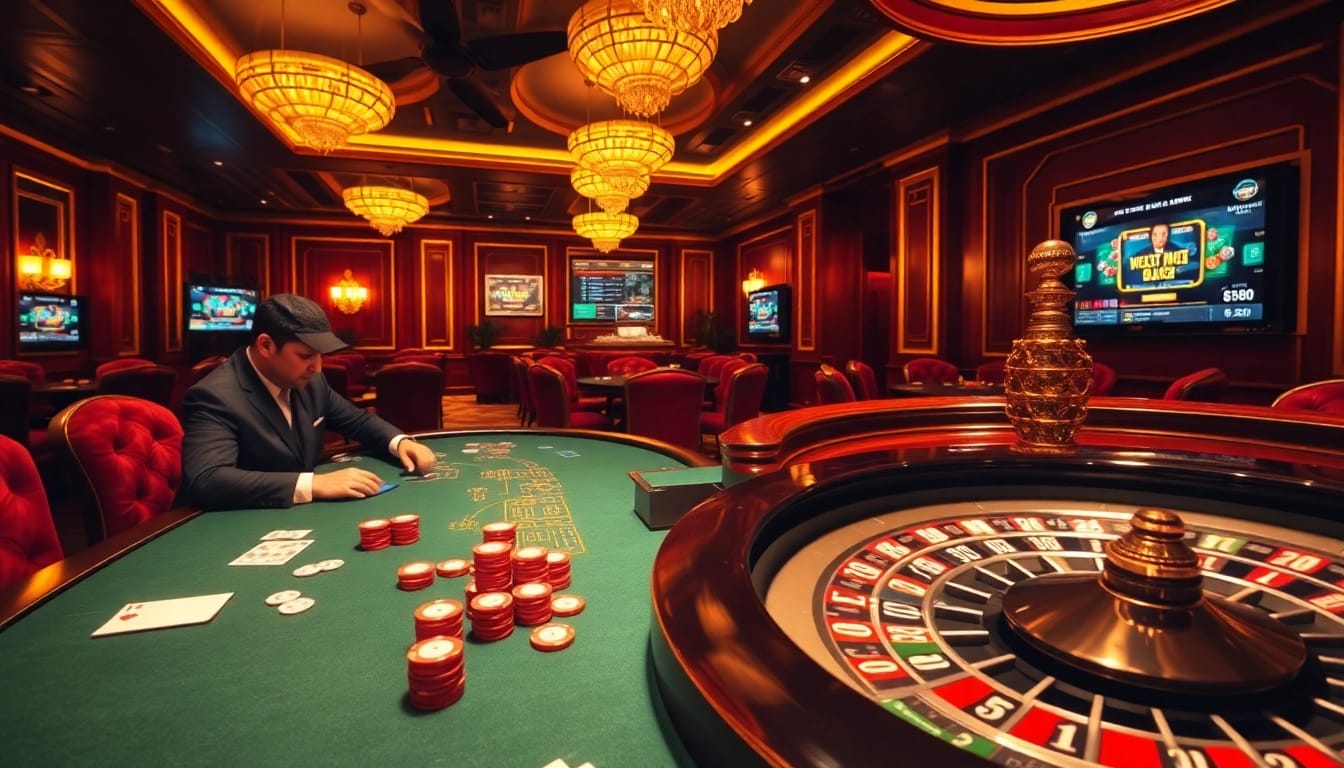 Jeu captivant à une table de poker de casino en ligne France avec des jetons et des cartes vibrants.
