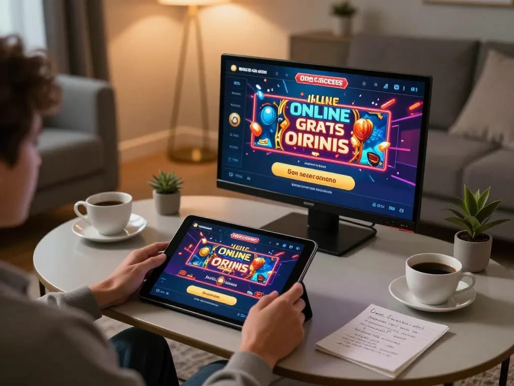Engaging in casino online gratis senza registrazione with a tablet at home, showcasing vibrant gaming interface.