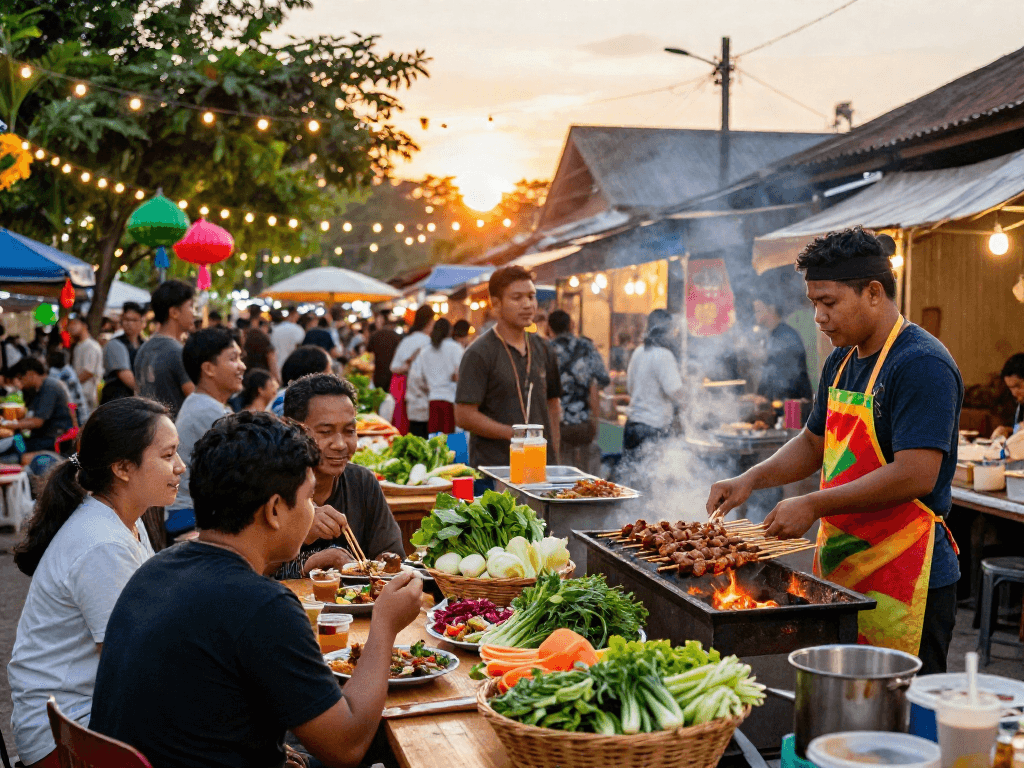 Crowd enjoying kebuntoto-inspired dishes at lively street food market.