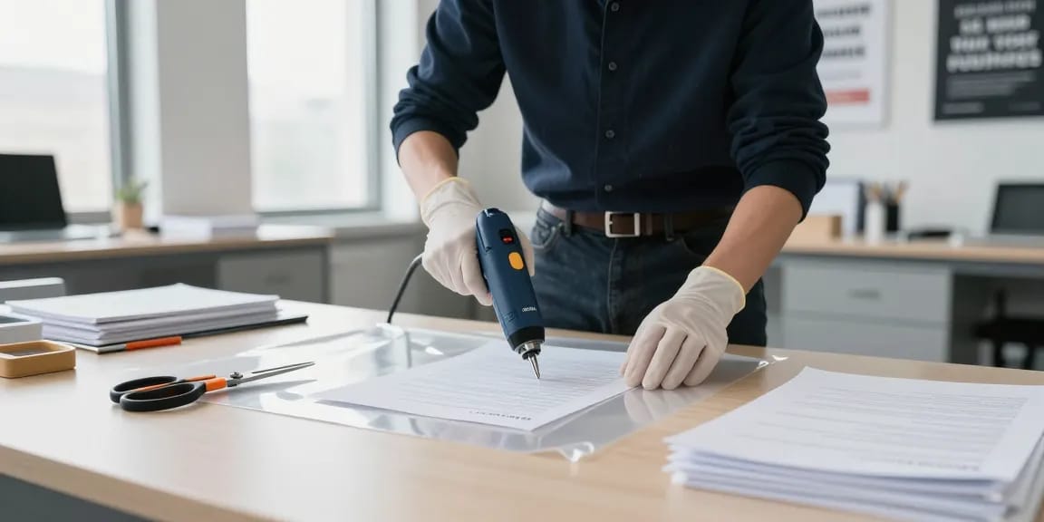 Bóc ép plastic tại hà nội với một chuyên gia chuyên nghiệp đang loại bỏ lớp laminat khỏi các tài liệu quan trọng trong một văn phòng hiện đại.