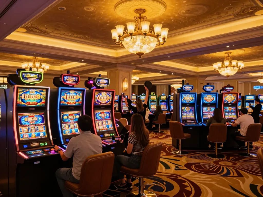 Players enjoying vibrant slot machines at c168 casino, capturing the lively atmosphere and excitement.