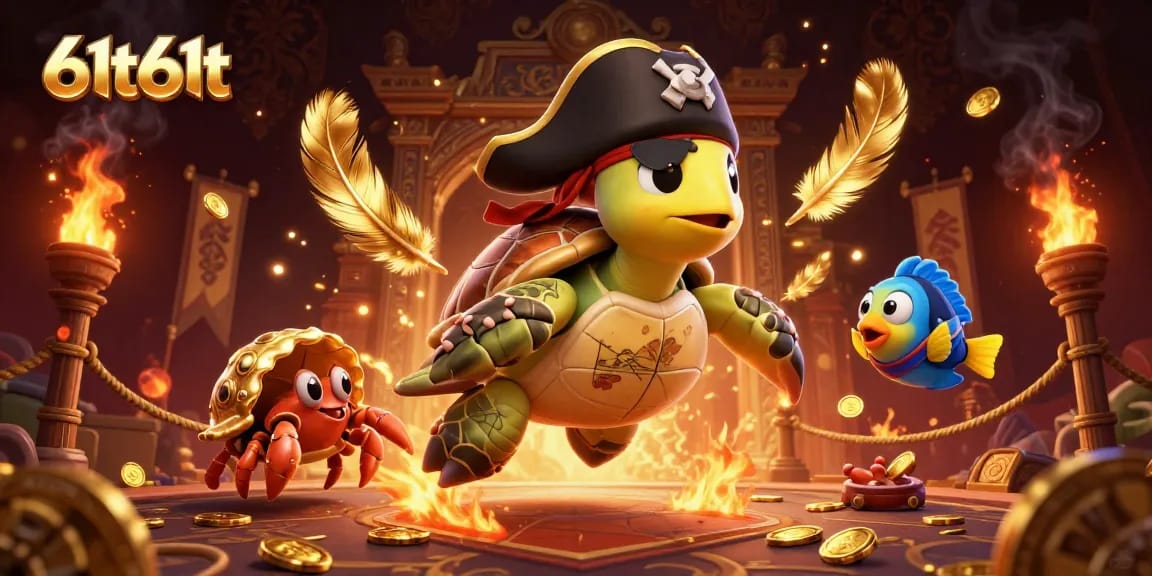 Witness the excitement of 61t61t as a pirate turtle and friends celebrate treasure in a vibrant casino setting.