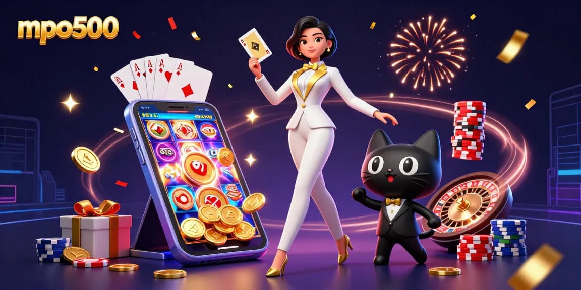 Experience thrilling gameplay with mpo500 in a vibrant 3D casino scene featuring cards and coins.