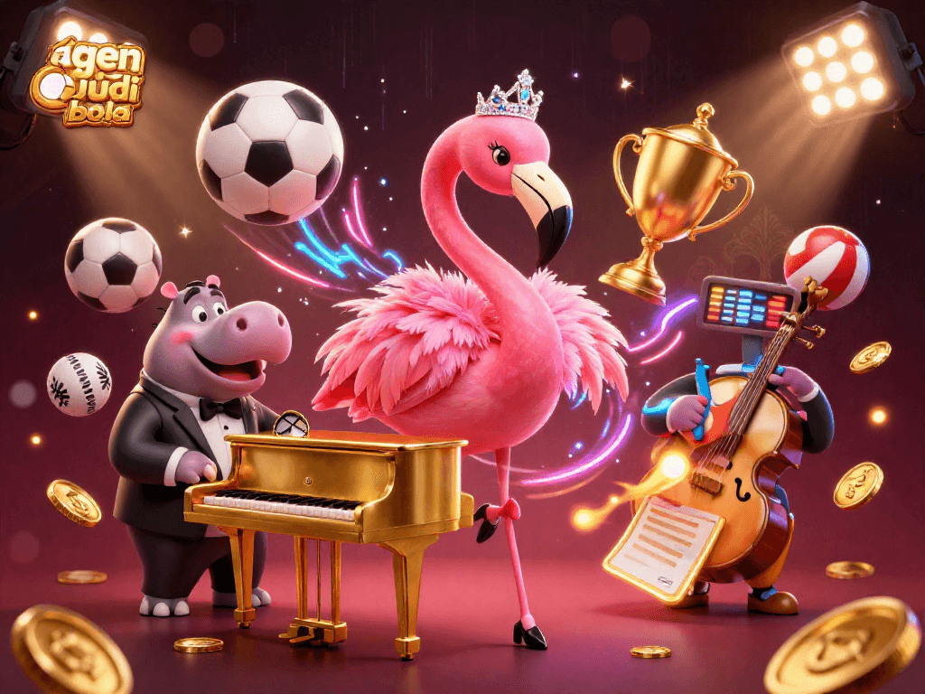 Experience the thrill of agen judi bola with a colorful 3D casino scene featuring lively characters and dynamic sports elements.