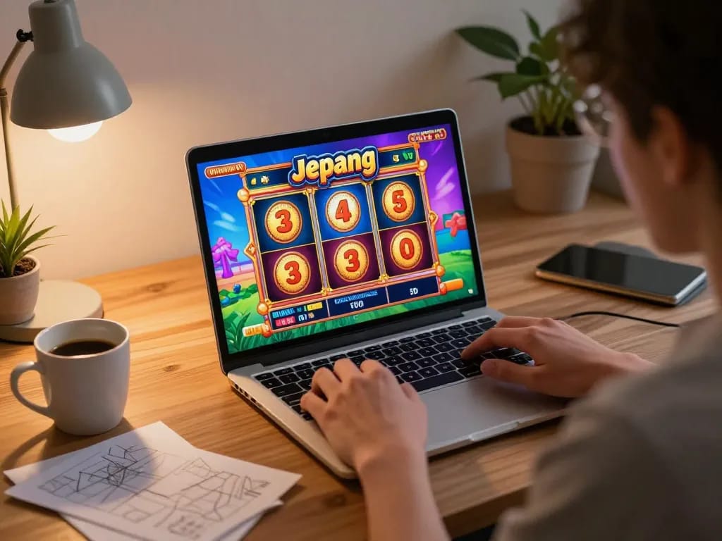 Engaging gameplay on a laptop featuring slot jepang with vibrant graphics in a cozy home setting.