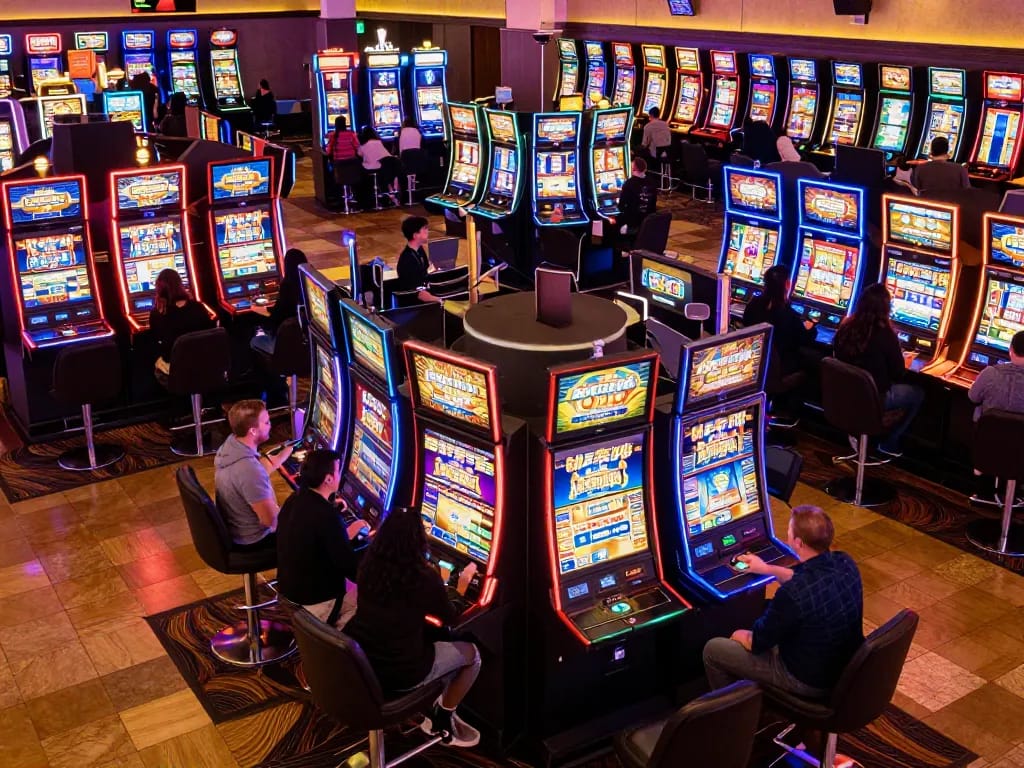 Players enjoying vibrant slot machines at situs slot777 casino, celebrating big wins amidst colorful displays.