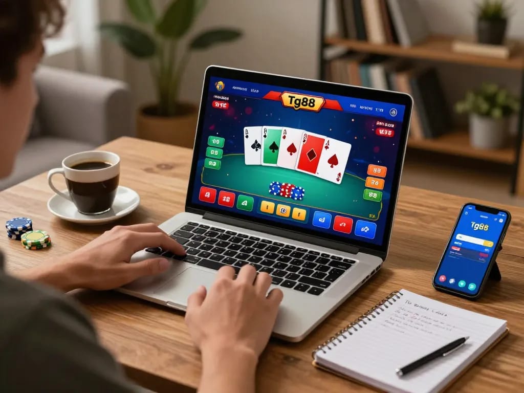 Player engages in thrilling casino action on tg88 platform, showing vibrant poker game interface and strategic notes.