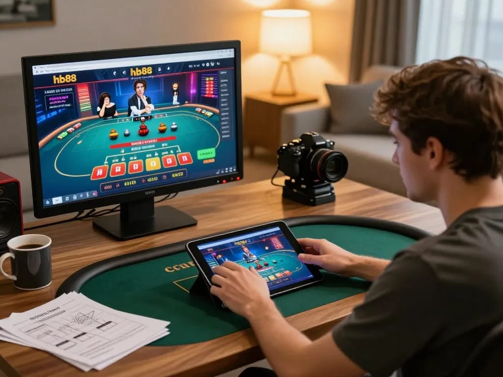 Player engaging with hb88 app in a cozy home environment focusing on live dealer gaming.