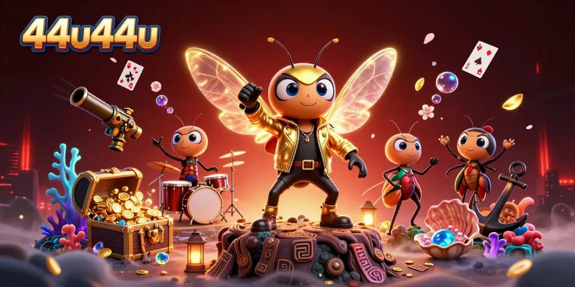 Experience the vibrant world of 44u44u with a cicada rock star and colorful casino elements.