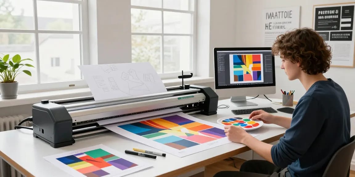 Designer working with Poster Making Machines surrounded by colorful prints and creative tools