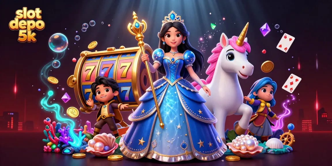 Engage in epic gameplay with slot depo 5k, featuring a vibrant scene of a beautiful woman and unicorn.