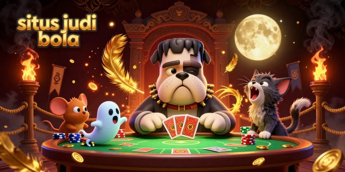 Situs judi bola showcasing a vibrant 3D scene with a Frankenstein bulldog monster dealing cards and ghostly elements