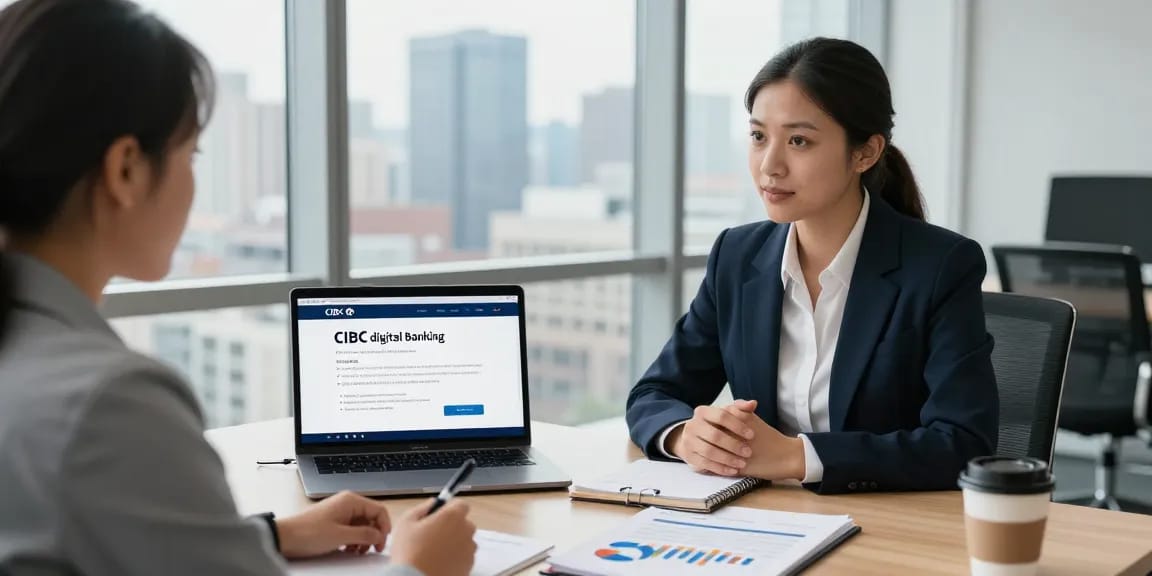 CIBC digital banking solutions in a modern office consultation with financial advisor and entrepreneur.