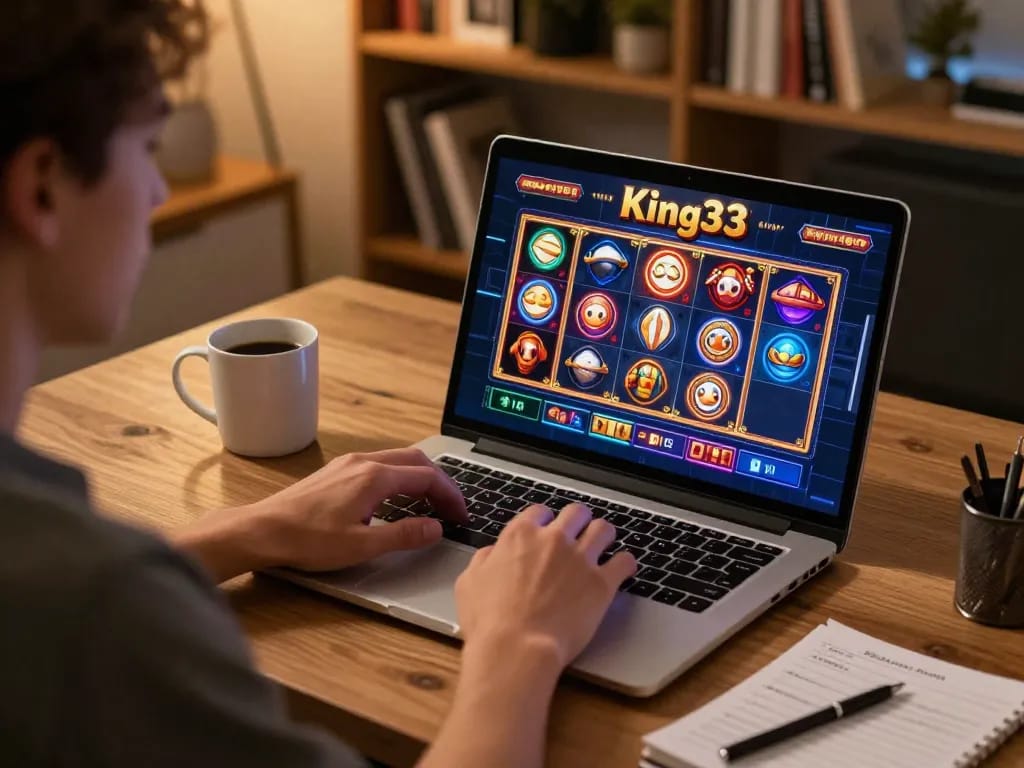 Player enjoying slot games on King33 from a cozy home office, capturing the excitement of online gambling.