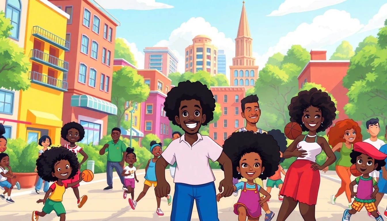 Celebration of African American Cartoons with diverse characters enjoying a vibrant animated city.