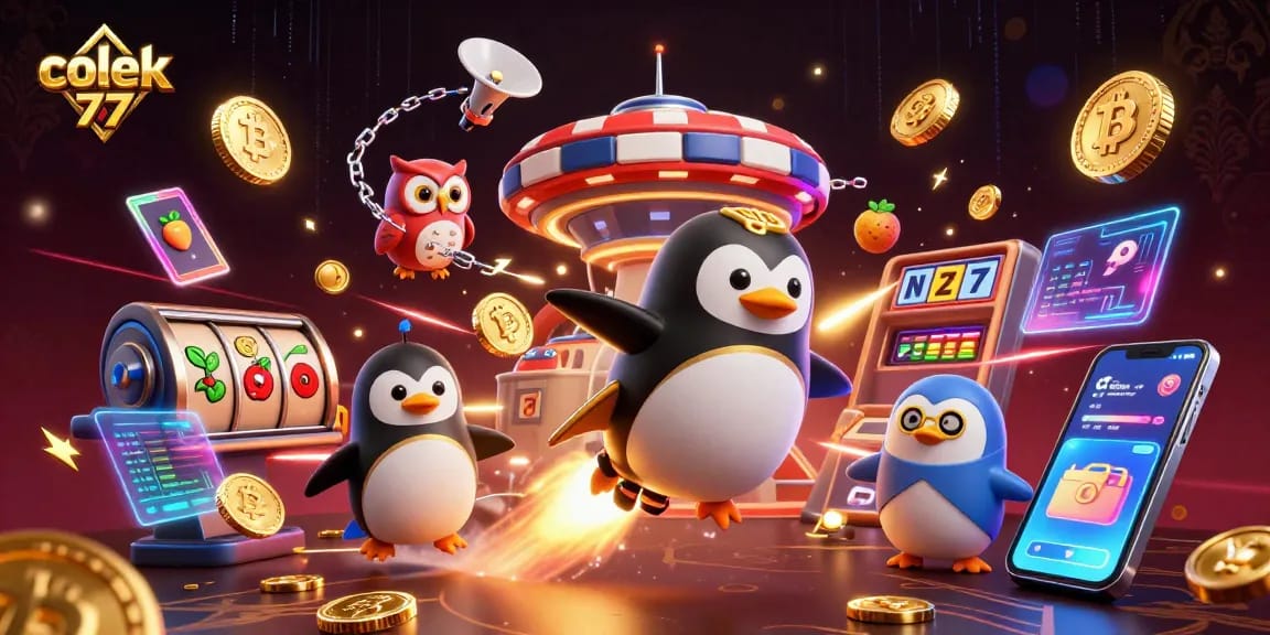 Experience thrilling wins at colek 77 with a 3D rocket penguin soaring through a casino-themed galaxy.