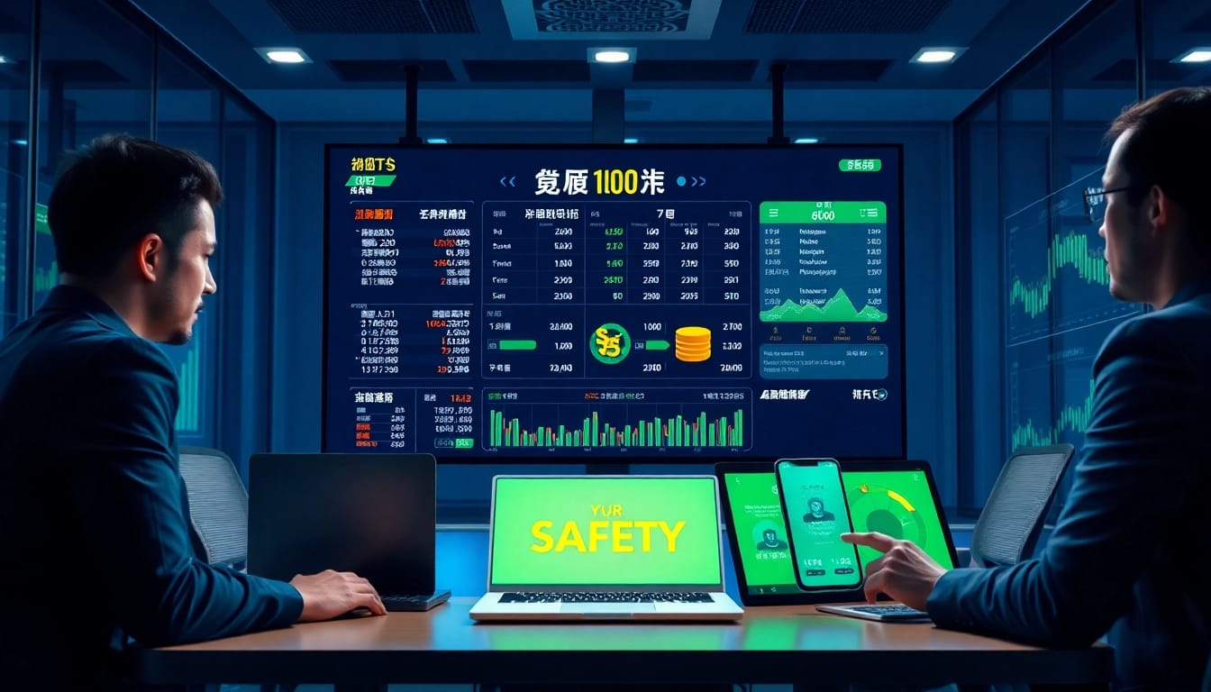 Explore safety in sports betting with 슈어맨 in a modern office setting featuring sports stats and technology.
