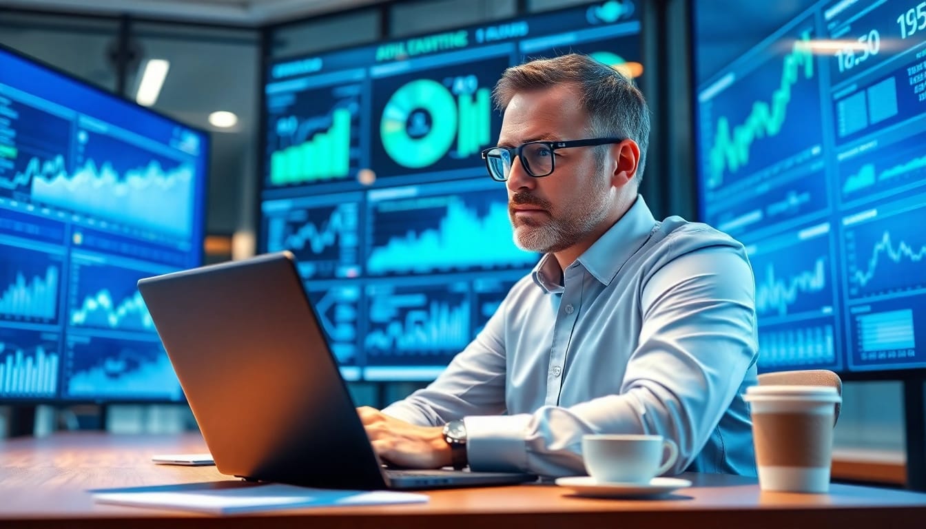 Analyze market trends with AI for competitive intelligence in a vibrant office.