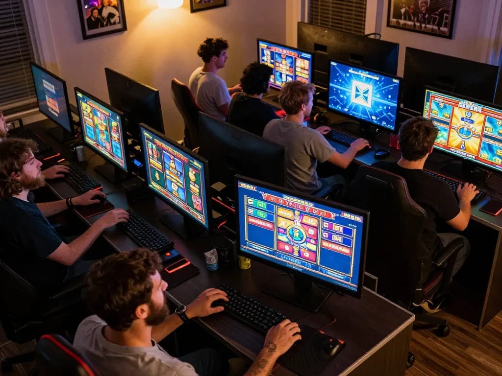 Engaged players celebrating wins at online situs slot gaming event in a cozy setting