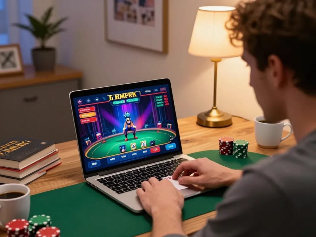 Tham gia vào một trò chơi poker sử dụng liên kết m88 trên một chiếc laptop trong một văn phòng gia đình ấm cúng.