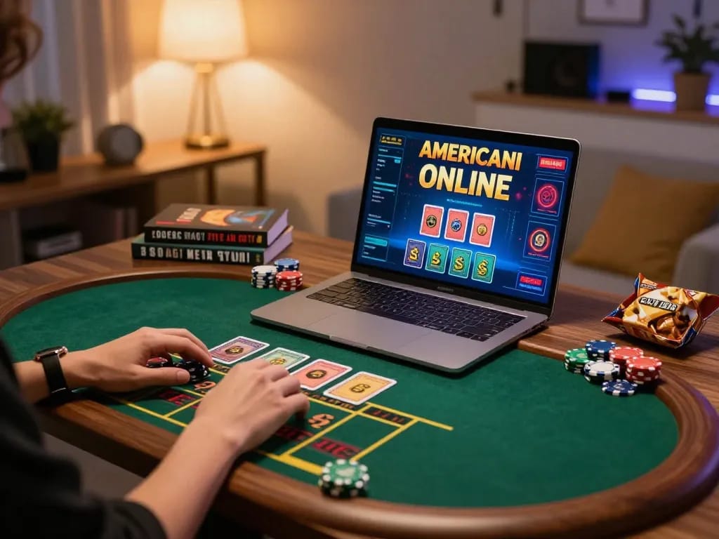 Engaged player enjoying casino americani online action on a laptop, displaying live dealer gameplay setup