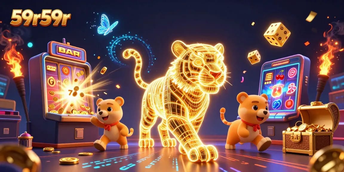 O 59r59r apresenta um tigre de luz em um cassino digital repleto de jackpots vibrantes.