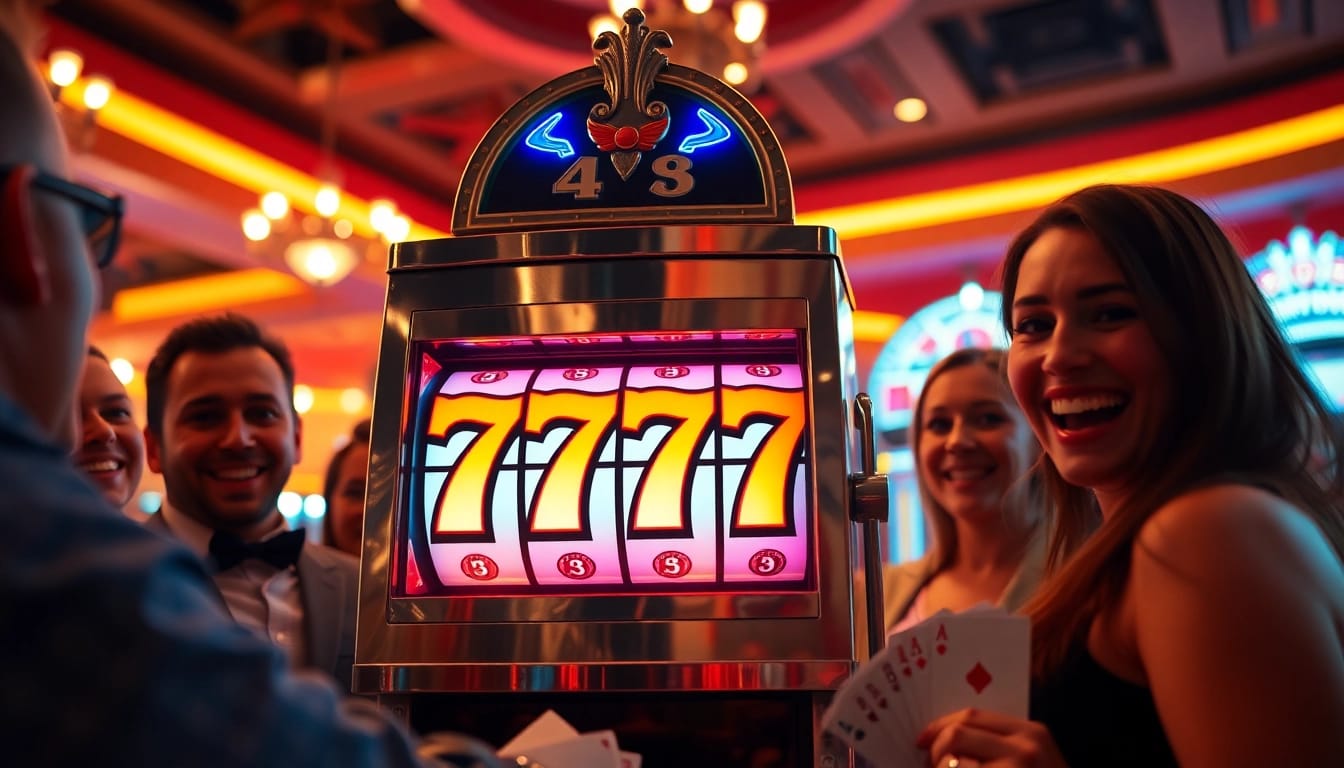 Menang di slot777 dengan mesin slot yang menampilkan angka 777 dan suasana kasino yang meriah.