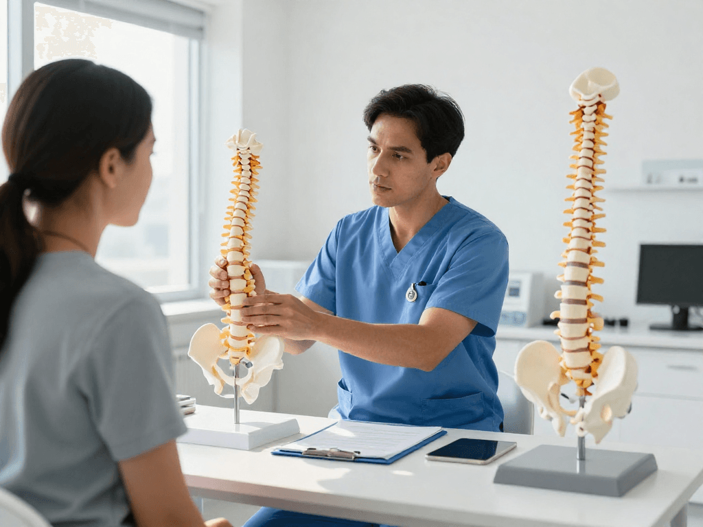 Bel fıtığı ameliyatı consultation in a modern medical facility with an orthopedic surgeon helping a patient.