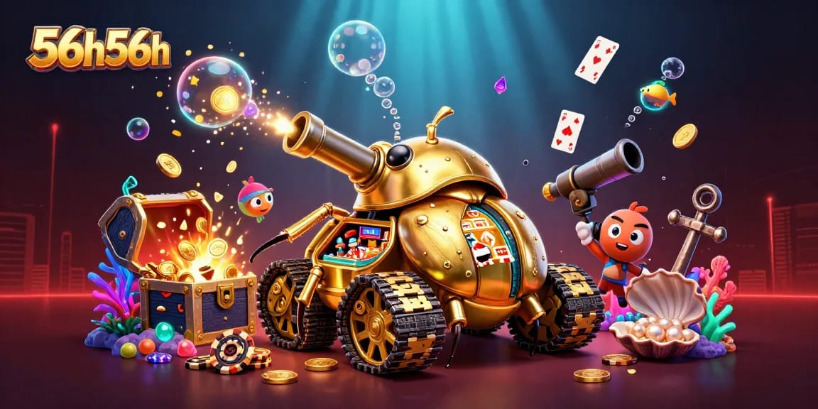 Engage in thrilling gaming at 56h56h's unique cartoon-style casino scene with a golden beetle tank.