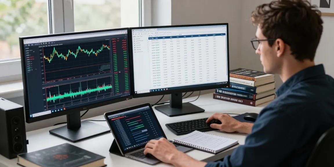 Trader utilizing MetaTrader 4 in a dynamic trading setup with dual screens displaying forex charts and market analysis.
