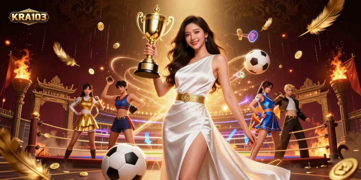 KRA103 showcases a victorious Asian woman with a trophy amidst rich casino elements, exemplifying confident sports betting.
