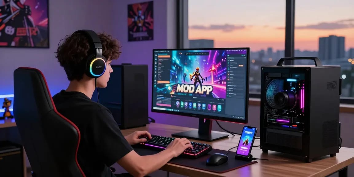 Immersive scene showcasing a gamer exploring MOD APK games on a sleek gaming setup