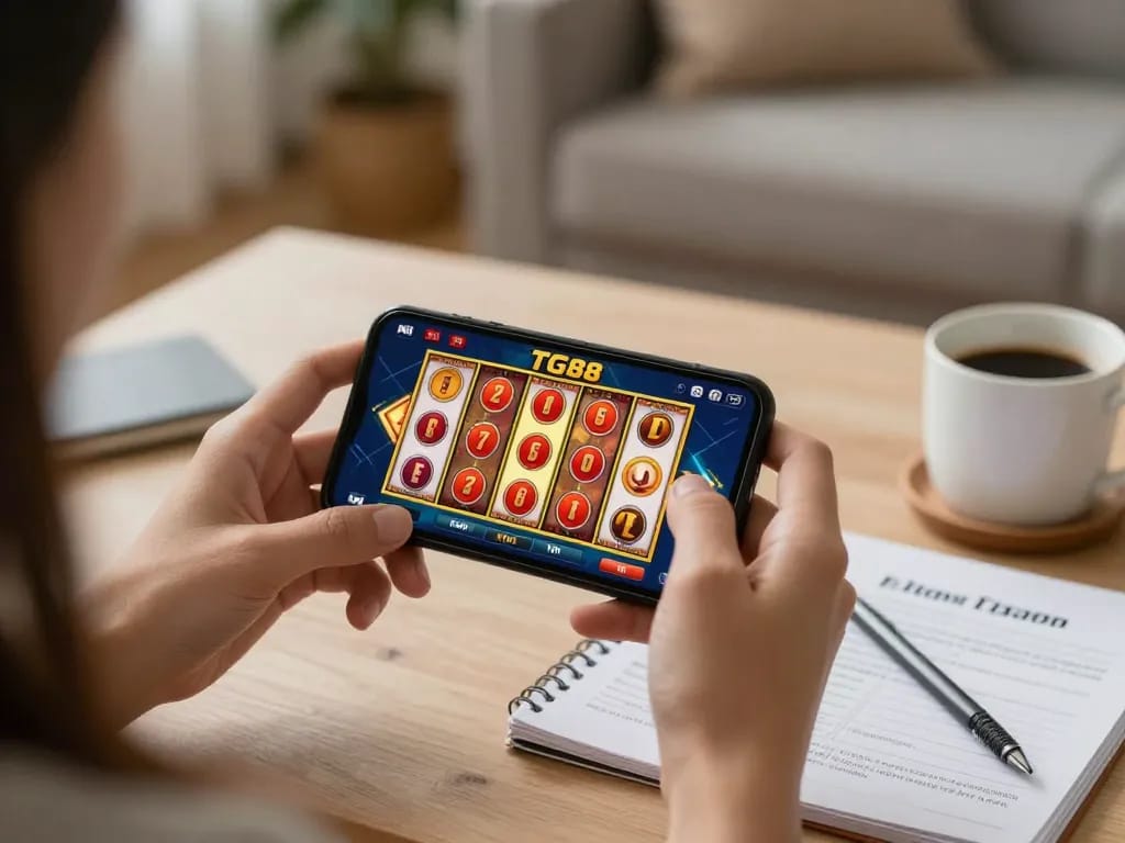 Engaging gaming session on TG88 app, showcasing vibrant slot reels and home comfort