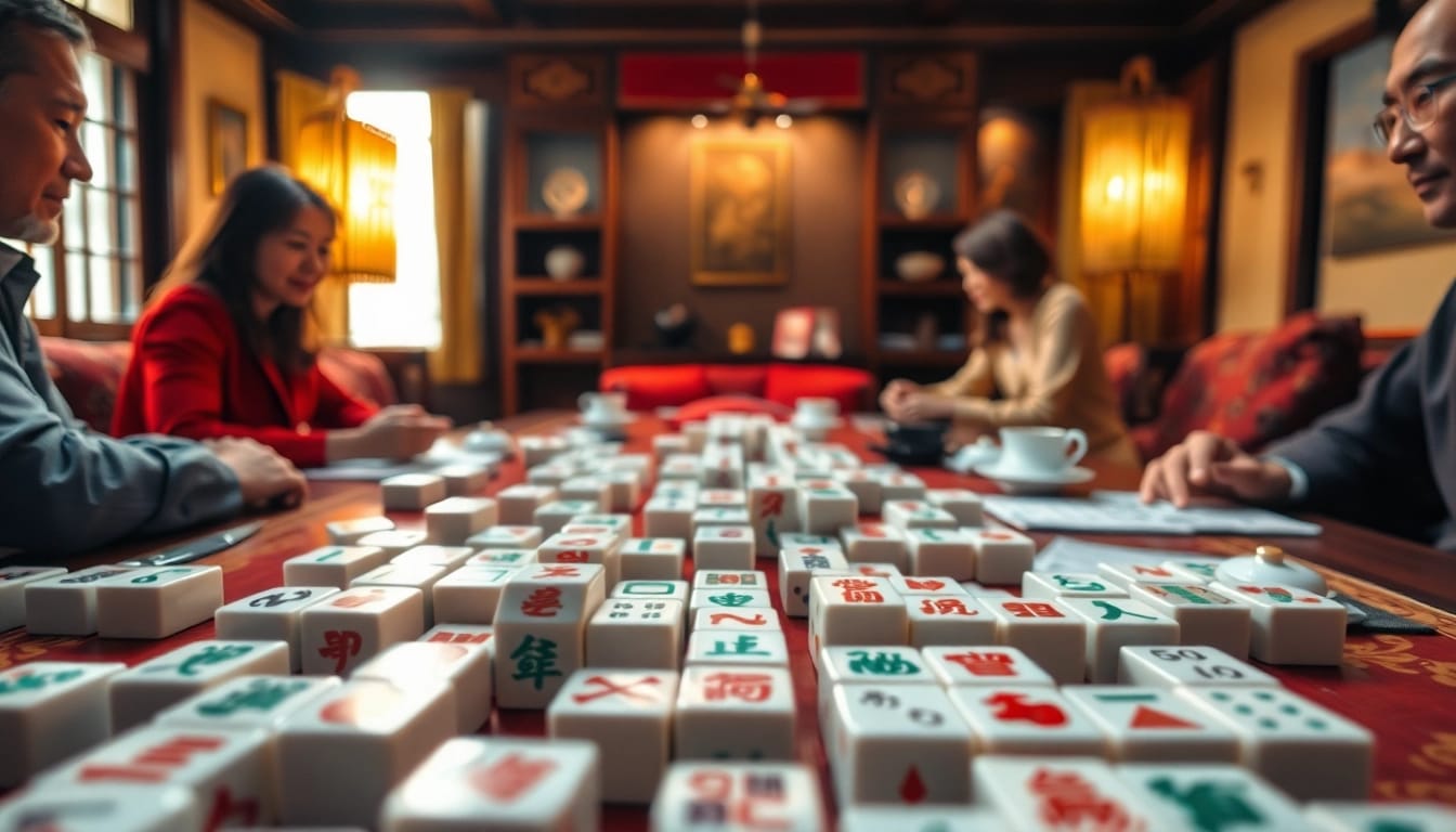Menggambarkan permainan demo mahjong yang menarik dengan pemain terlibat aktif dan papan mahjong yang detail.