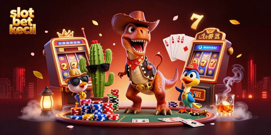 Experience thrilling slot bet kecil action with a cartoon cowboy T-Rex, colorful chips, and jackpots!