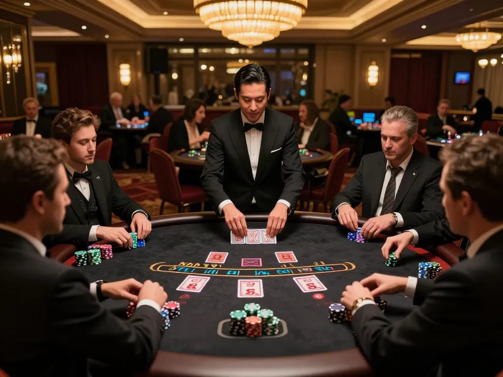 Players engaging in a strategic game at Website Bet88 blackjack table with vibrant chips.