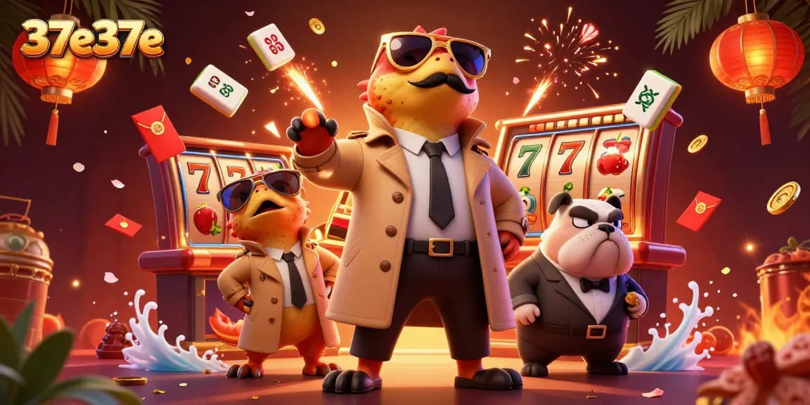Três raptores com capa tentam entrar no lounge VIP do cassino 37e37e, cercados por elementos festivos.