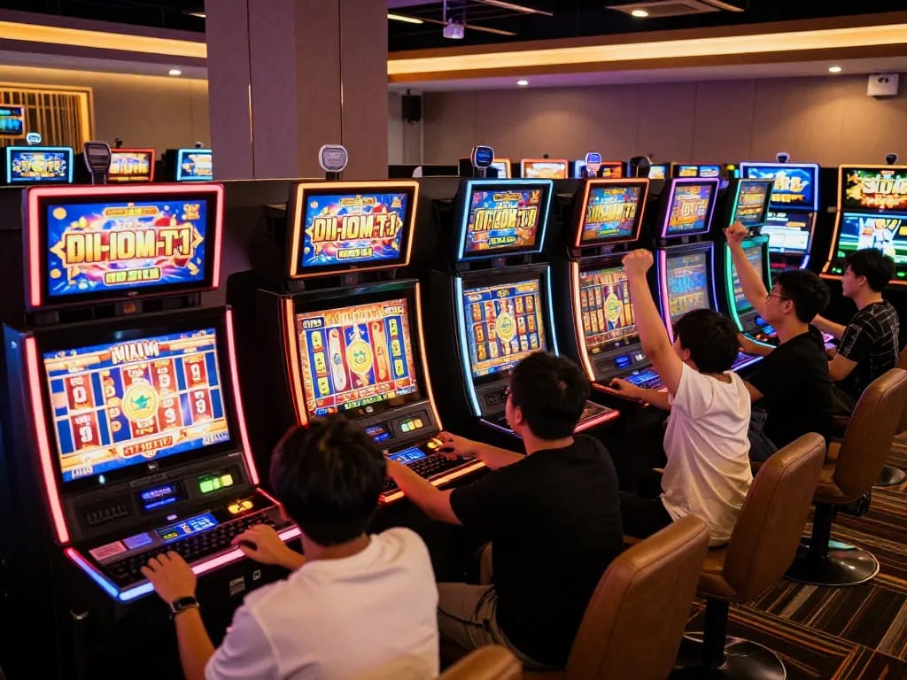 Players celebrate wins at a vibrant slot gaming area showcasing situs slot gacor in action, illustrating excitement and strategy.