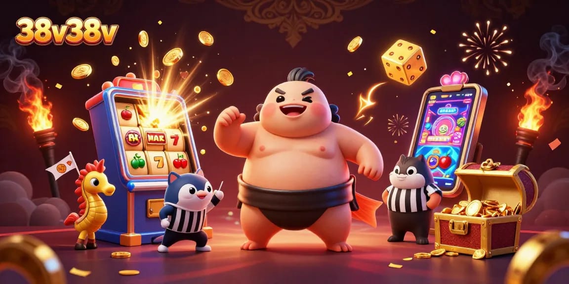 Engage with 38v38v's vibrant casino scene featuring a fugu in a sumo belt and a jackpot explosion.