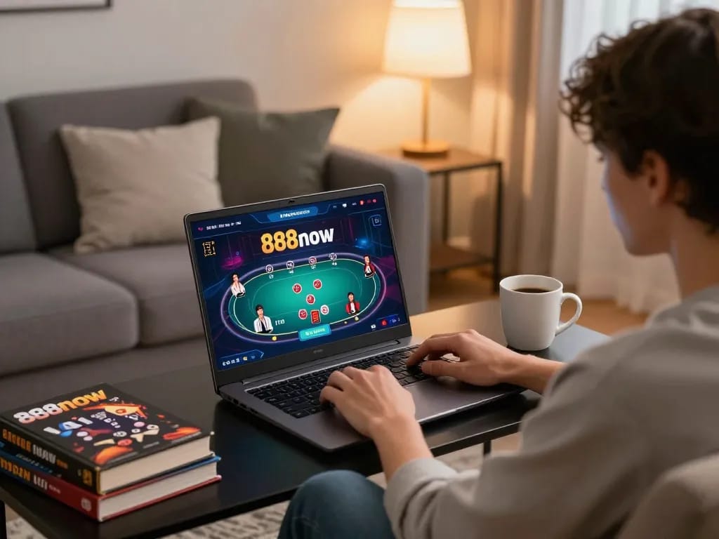 Person playing poker on 888now laptop, showcasing engaging gameplay from a cozy home setup.