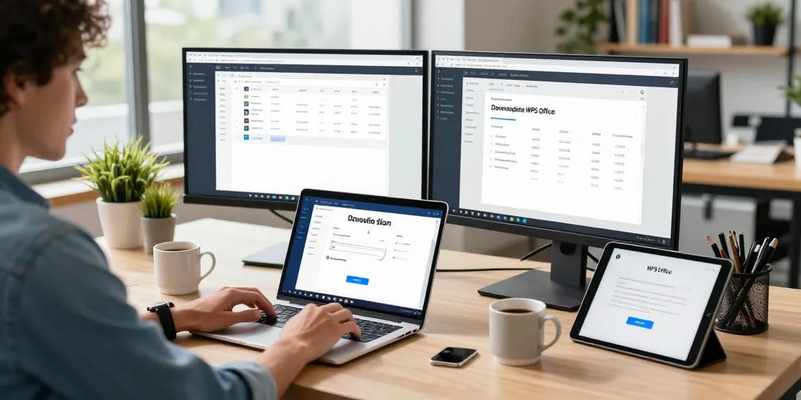 Download WPS Office on a laptop in a vibrant workspace with productivity tools.