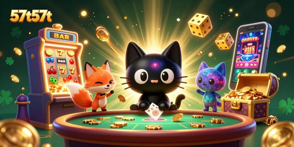 Engage with 57t57t at a cosmic casino table featuring a black hole cat and colorful elements.
