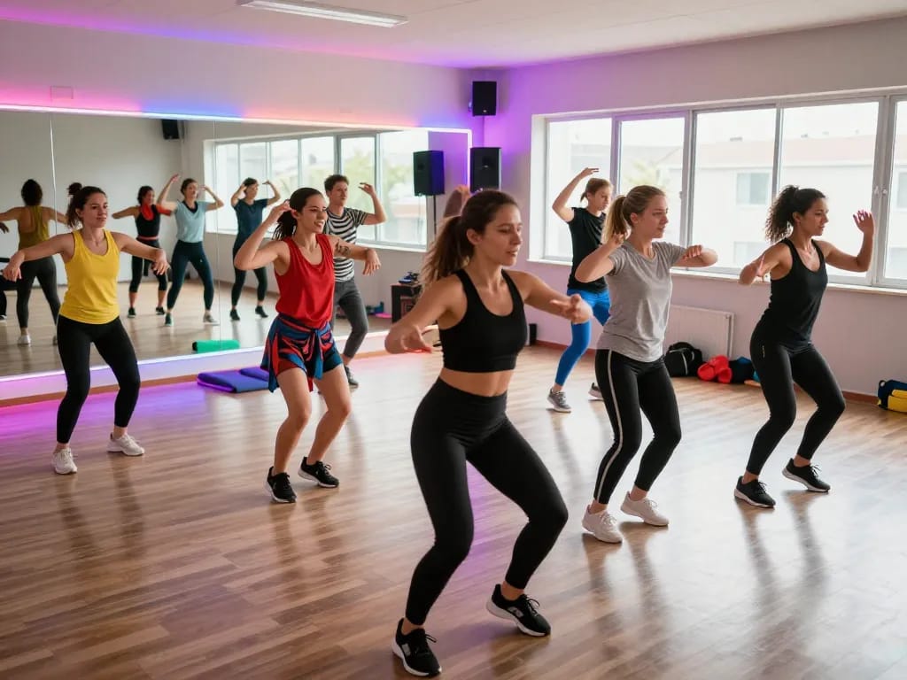 Dynamic dance studio scene showcasing the power of dance ai with diverse styles and joyful movements.